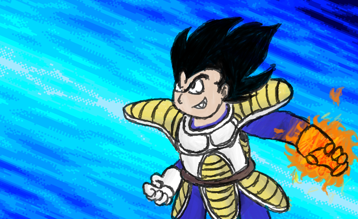 Illustration of a man in a blue and yellow battle armour with spiky hair and a widow's peak, his left hand charging up a fiery energy blast.